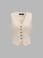 V-Neck Button Vest & Wide Leg Pants Set