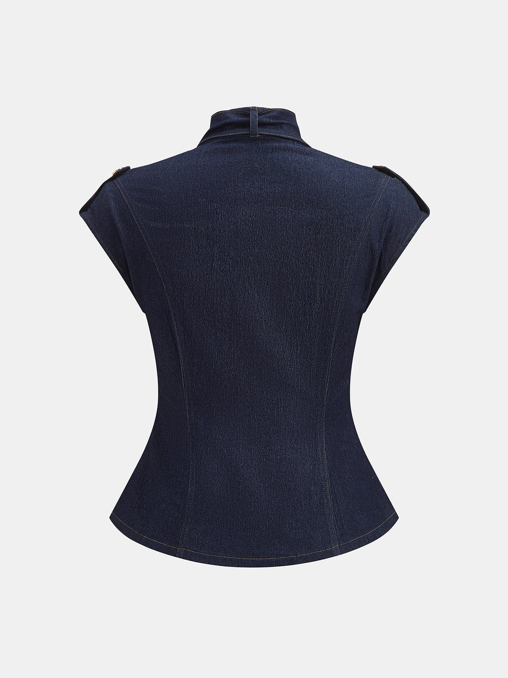 Tie Neck Epaulette Waist-Cinched Denim Blouse