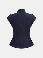 Tie Neck Epaulette Waist-Cinched Denim Blouse