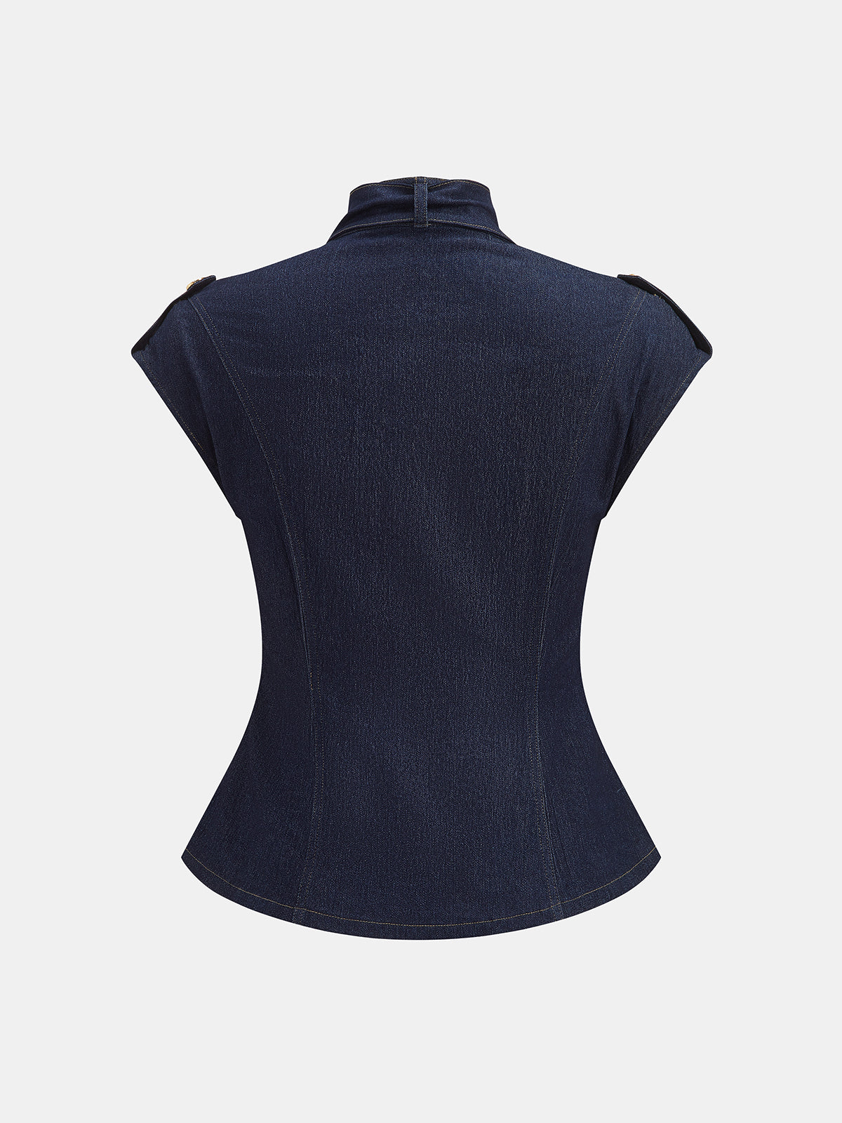 Tie Neck Epaulette Waist-Cinched Denim Blouse