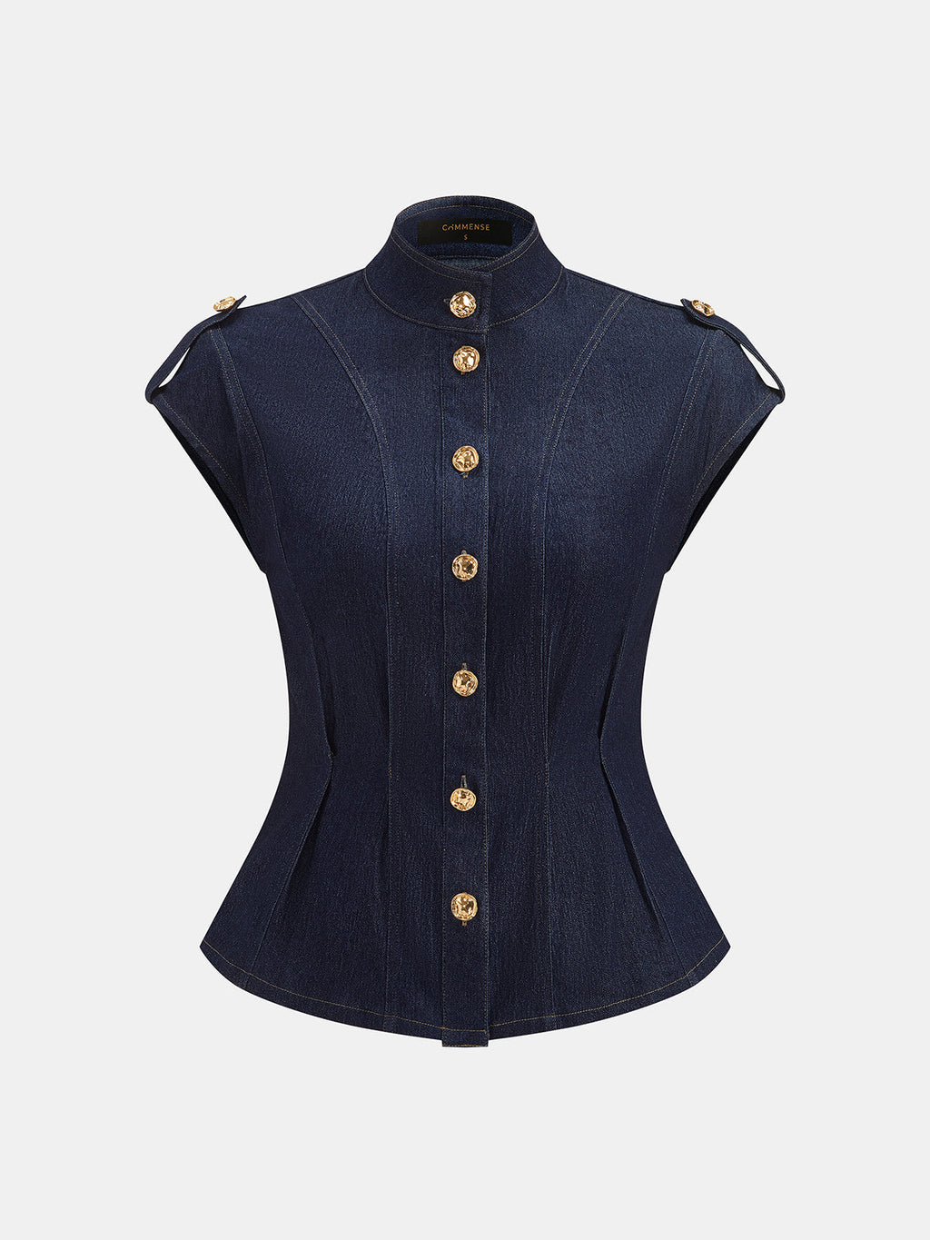 Tie Neck Epaulette Waist-Cinched Denim Blouse