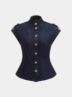 Tie Neck Epaulette Waist-Cinched Denim Blouse