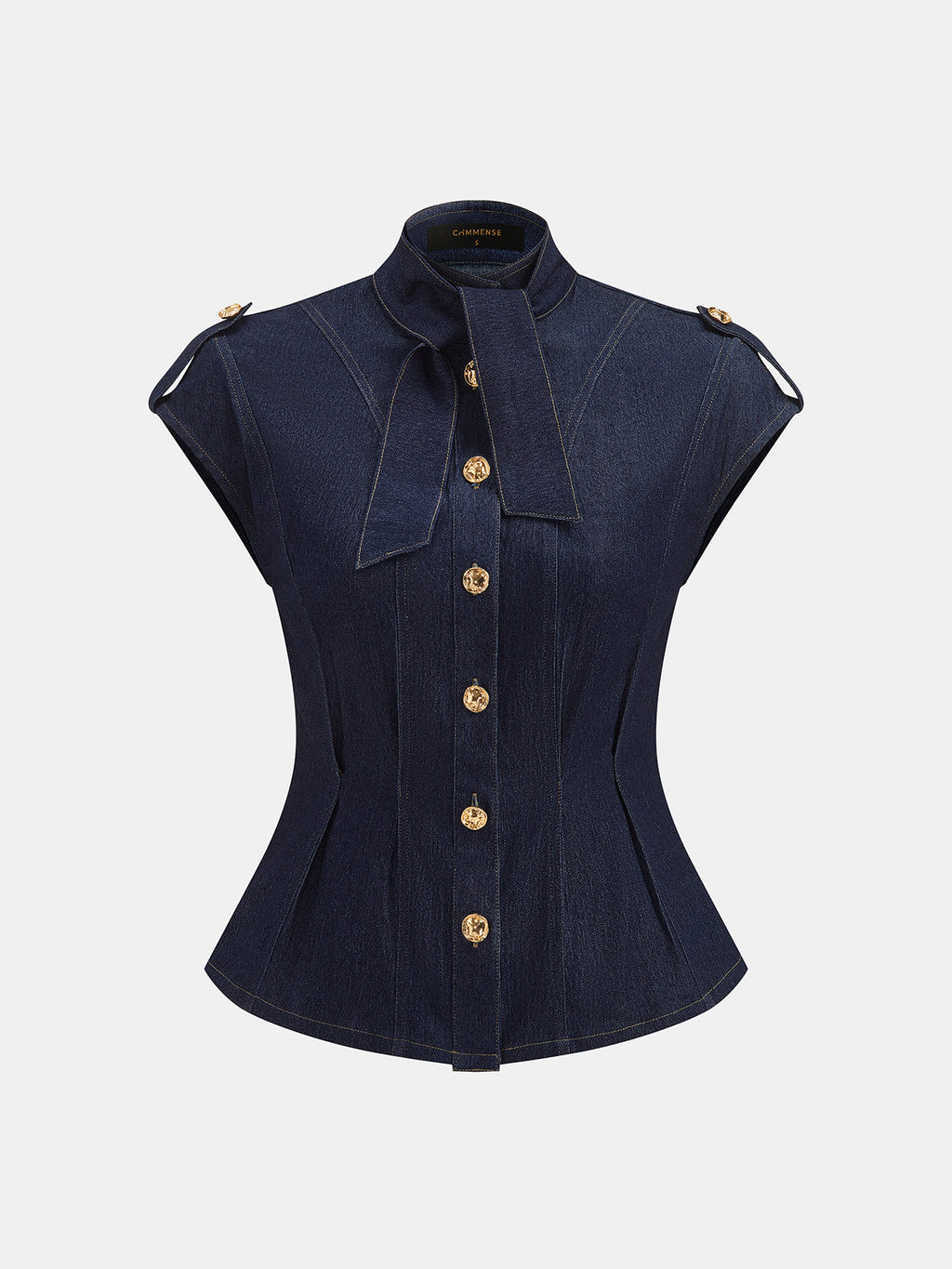 Tie Neck Epaulette Waist-Cinched Denim Blouse