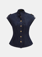 Tie Neck Epaulette Waist-Cinched Denim Blouse