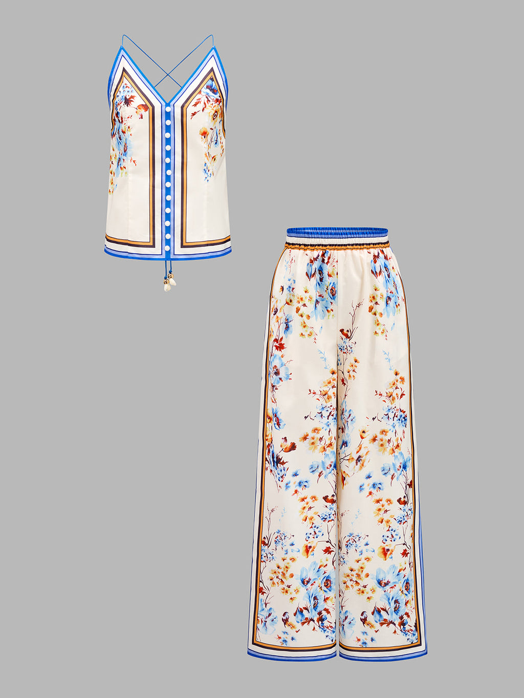 Floral Border Print Cami Top & Wide Leg Pants Set