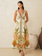 Tropical Floral Print Deep V-Neck Maxi Dress