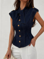 Tie Neck Epaulette Waist-Cinched Denim Blouse