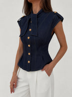 Tie Neck Epaulette Waist-Cinched Denim Blouse