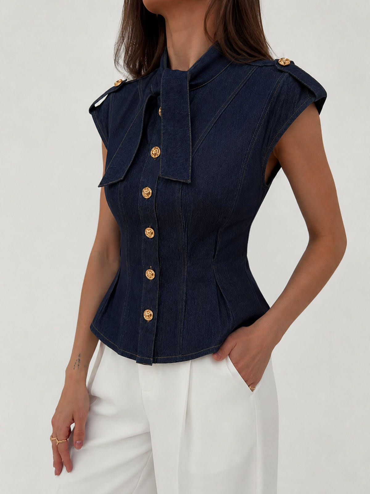 Tie Neck Epaulette Waist-Cinched Denim Blouse