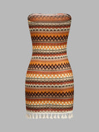 Strapless Geometric Tassel Bodycon Mini Dress