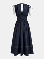 Drawstring Shoulder Lace Panel Midi Dress