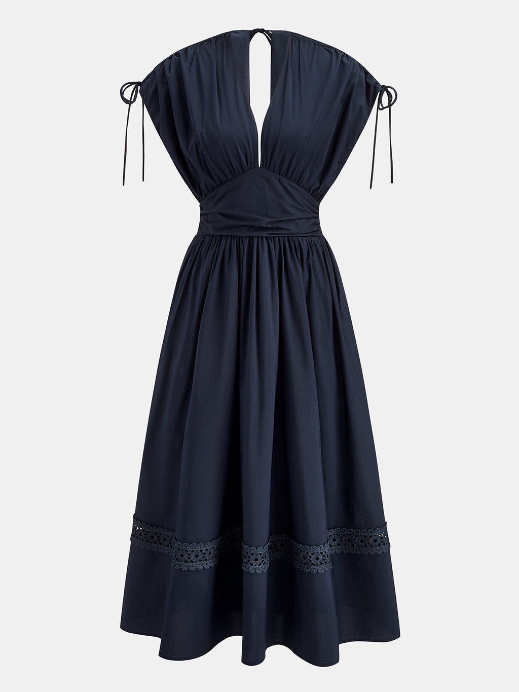 Drawstring Shoulder Lace Panel Midi Dress