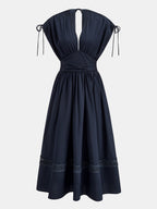 Drawstring Shoulder Lace Panel Midi Dress