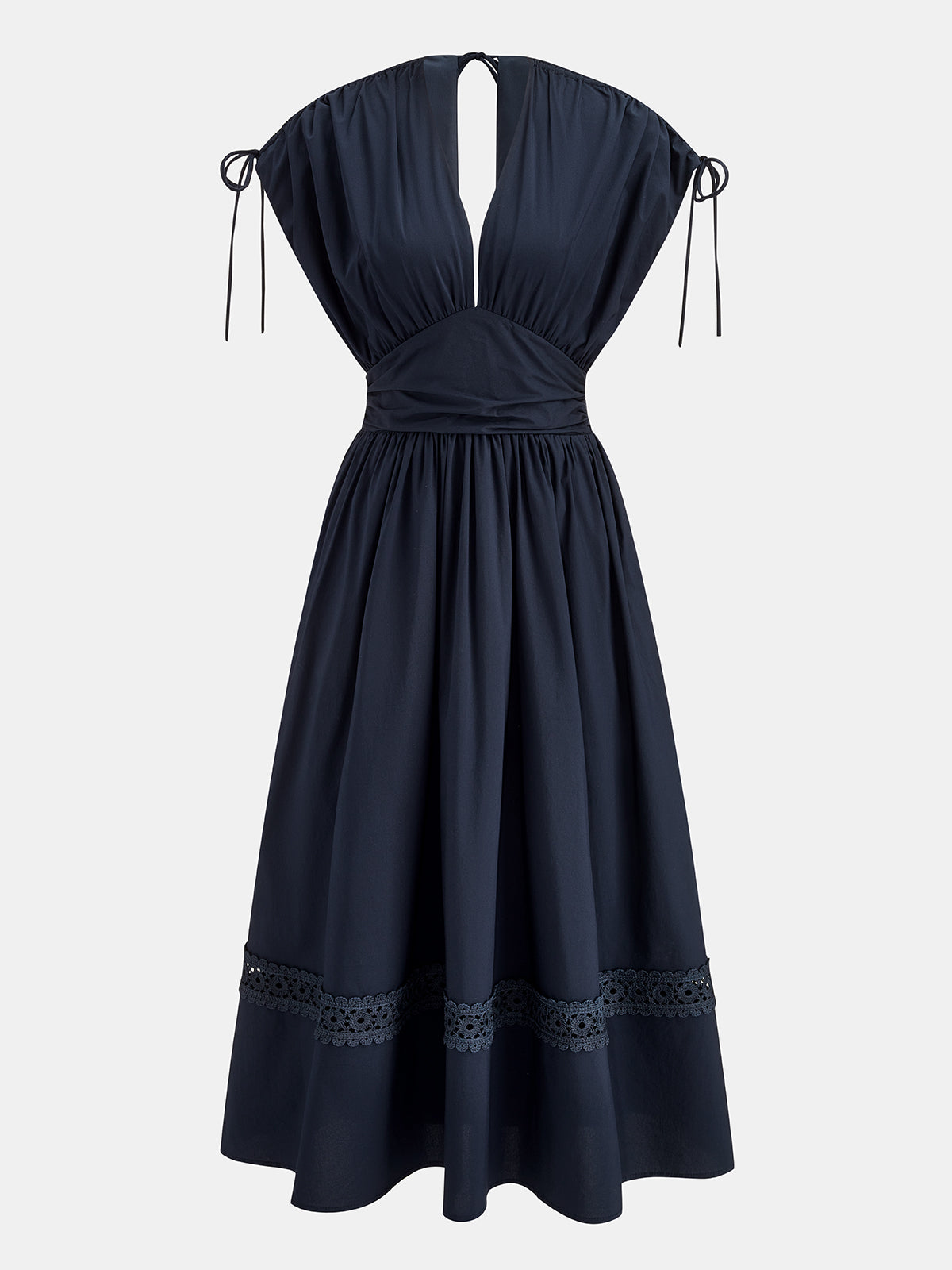 Drawstring Shoulder Lace Panel Midi Dress