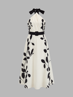 Belted Halter Leaf Print Midi Dress