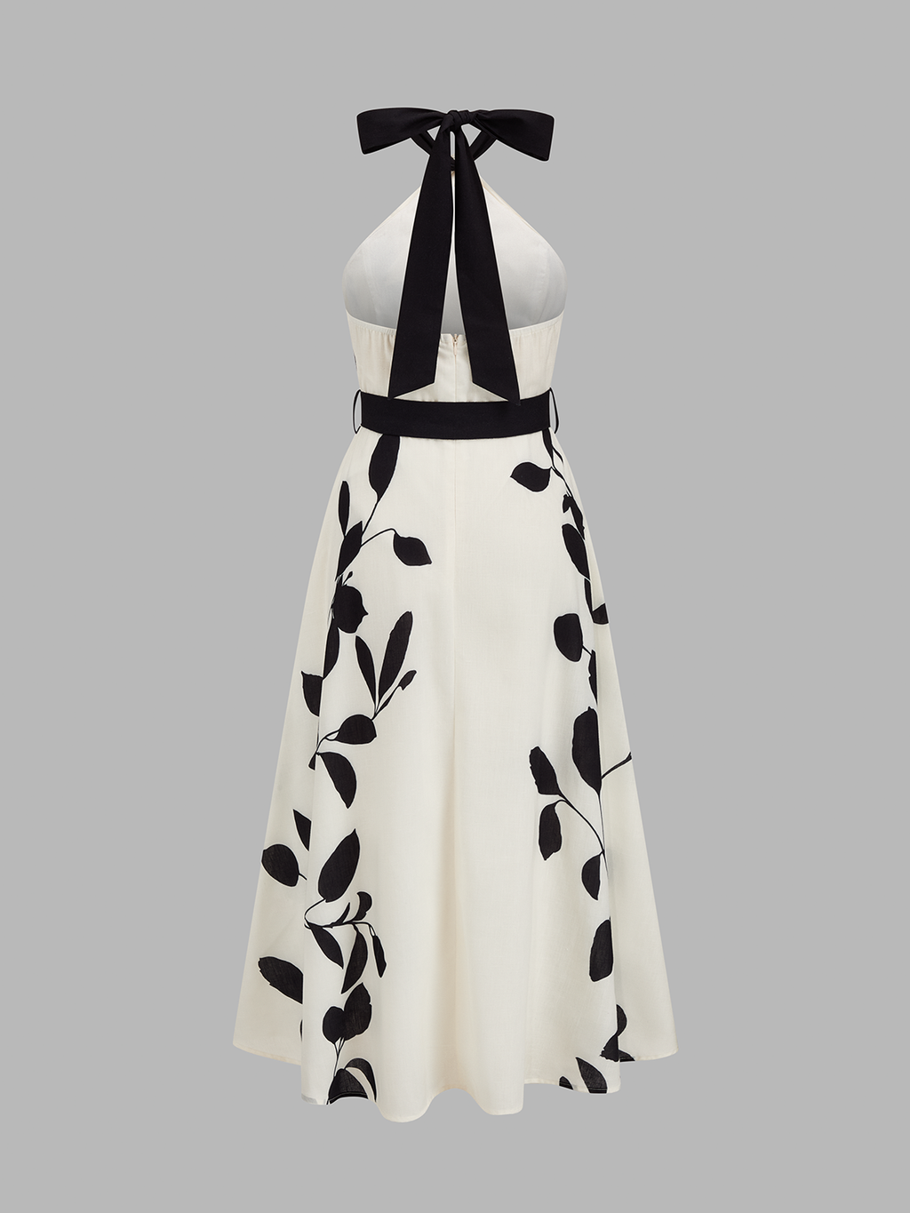 Belted Halter Leaf Print Midi Dress