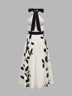 Belted Halter Leaf Print Midi Dress