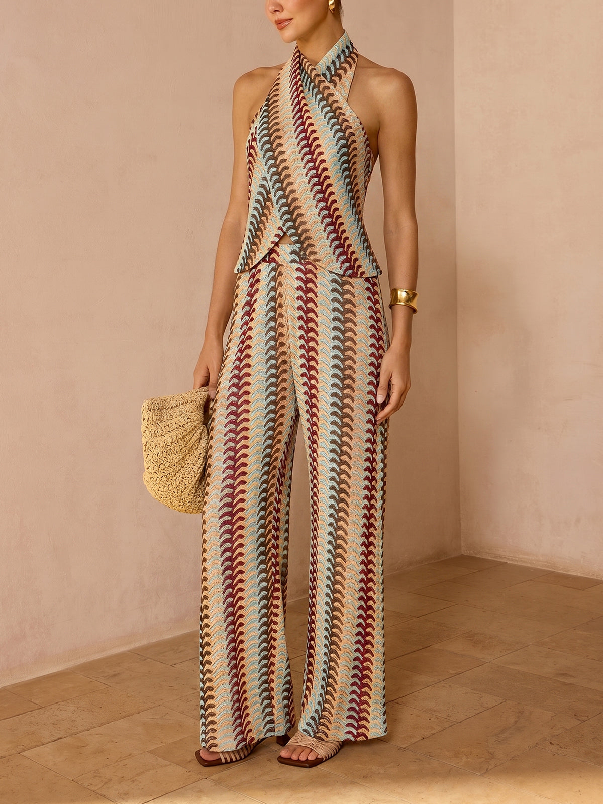 Multicolor Striped Knit Halter Top & Pants Set