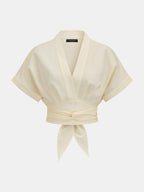 V-Neck Cinched Waist Cotton Linen Blouse