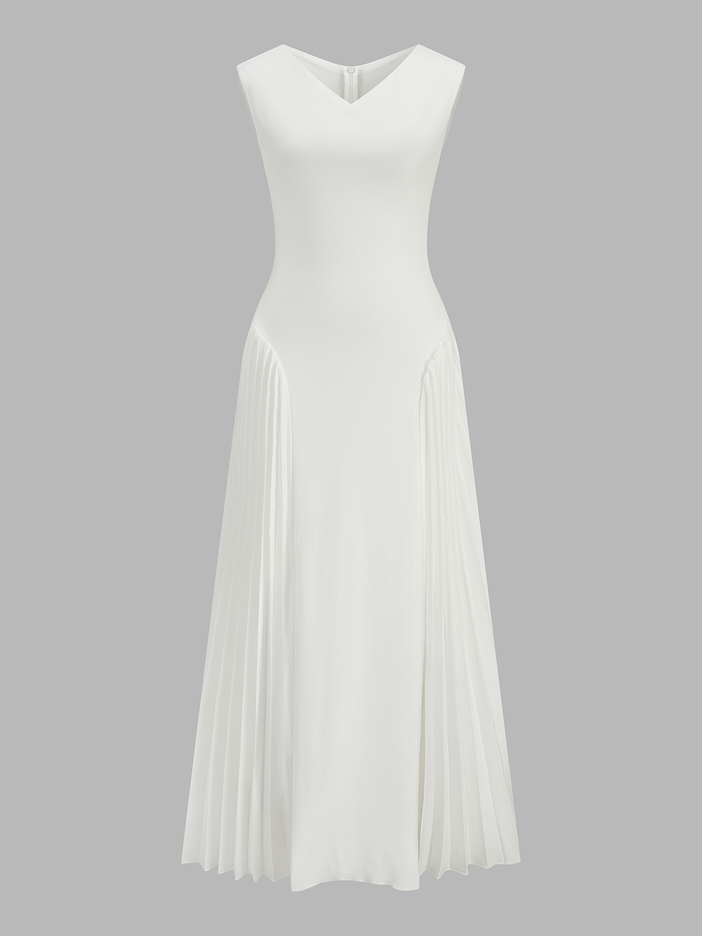 V-Neck Sleeveless Pleated Panel Midi Dress