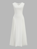 V-Neck Sleeveless Pleated Panel Midi Dress