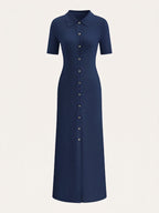 Metal Button Collar Midi Dress in Premium Fabric