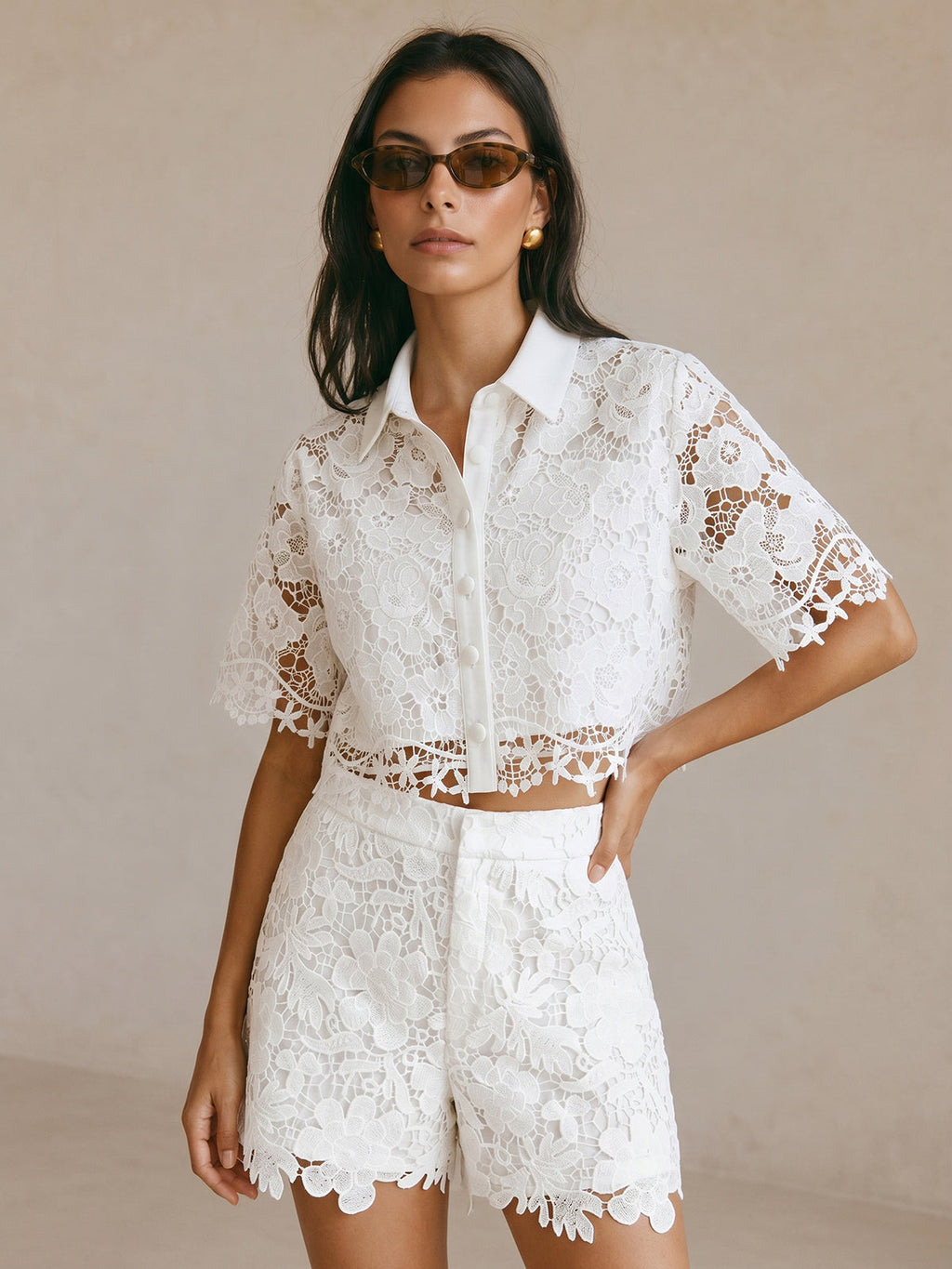 Guipure Lace Short Sleeve Shirt & Shorts Set