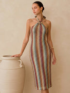 Multicolor Striped Knit Halter Midi Dress