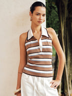 Striped Halter Polo Knit Top