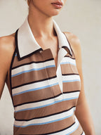 Striped Halter Polo Knit Top