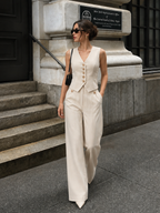 V-Neck Button Vest & Wide Leg Pants Set