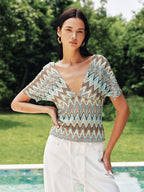 Multicolor Chevron Tie-Back Deep V Blouse