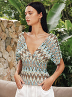 Multicolor Chevron Tie-Back Deep V Blouse