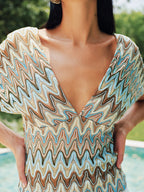 Multicolor Chevron Tie-Back Deep V Blouse