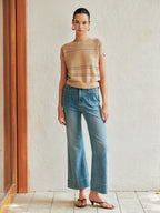 Eyelet Short Sleeve Crew Neck Knit Top