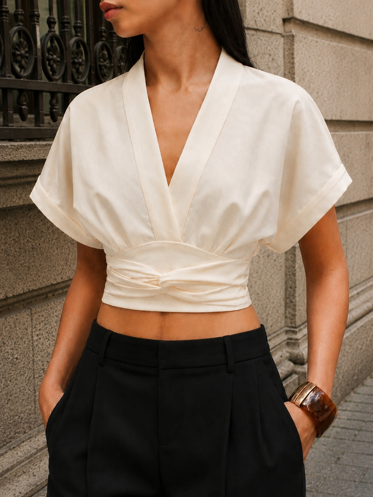 V-Neck Cinched Waist Cotton Linen Blouse