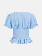 Linen Blend Cinched Waist Peplum Blouse