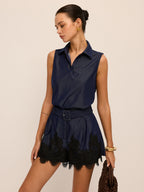 Sleeveless Polo Top & Lace-Hem Shorts Set