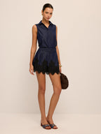 Sleeveless Polo Top & Lace-Hem Shorts Set