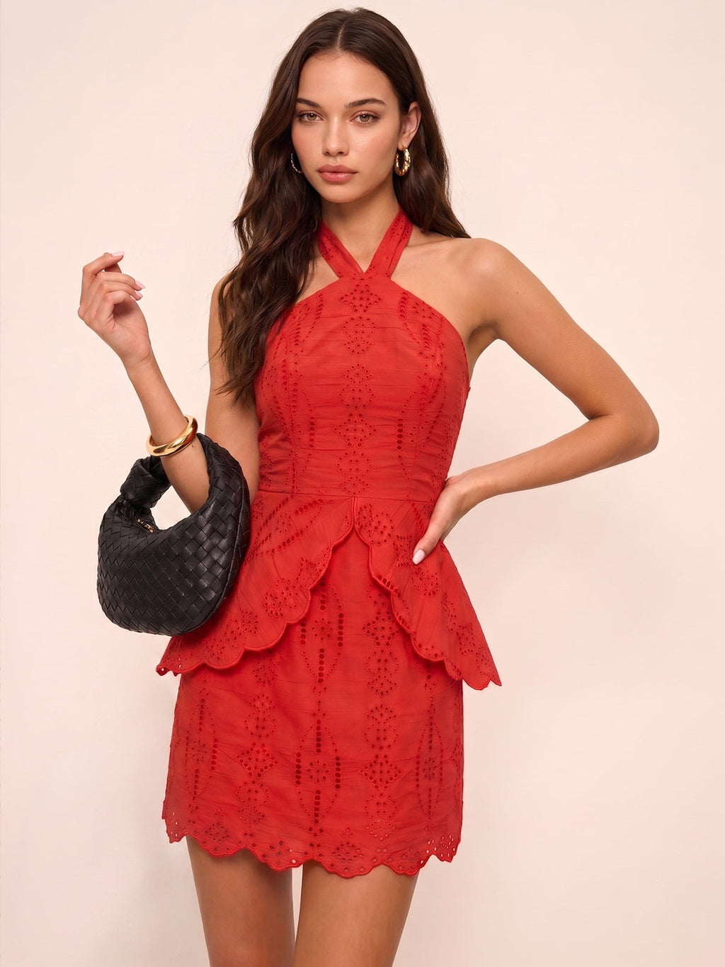 Eyelet Halter Layered Mini Dress