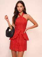 Eyelet Halter Layered Mini Dress