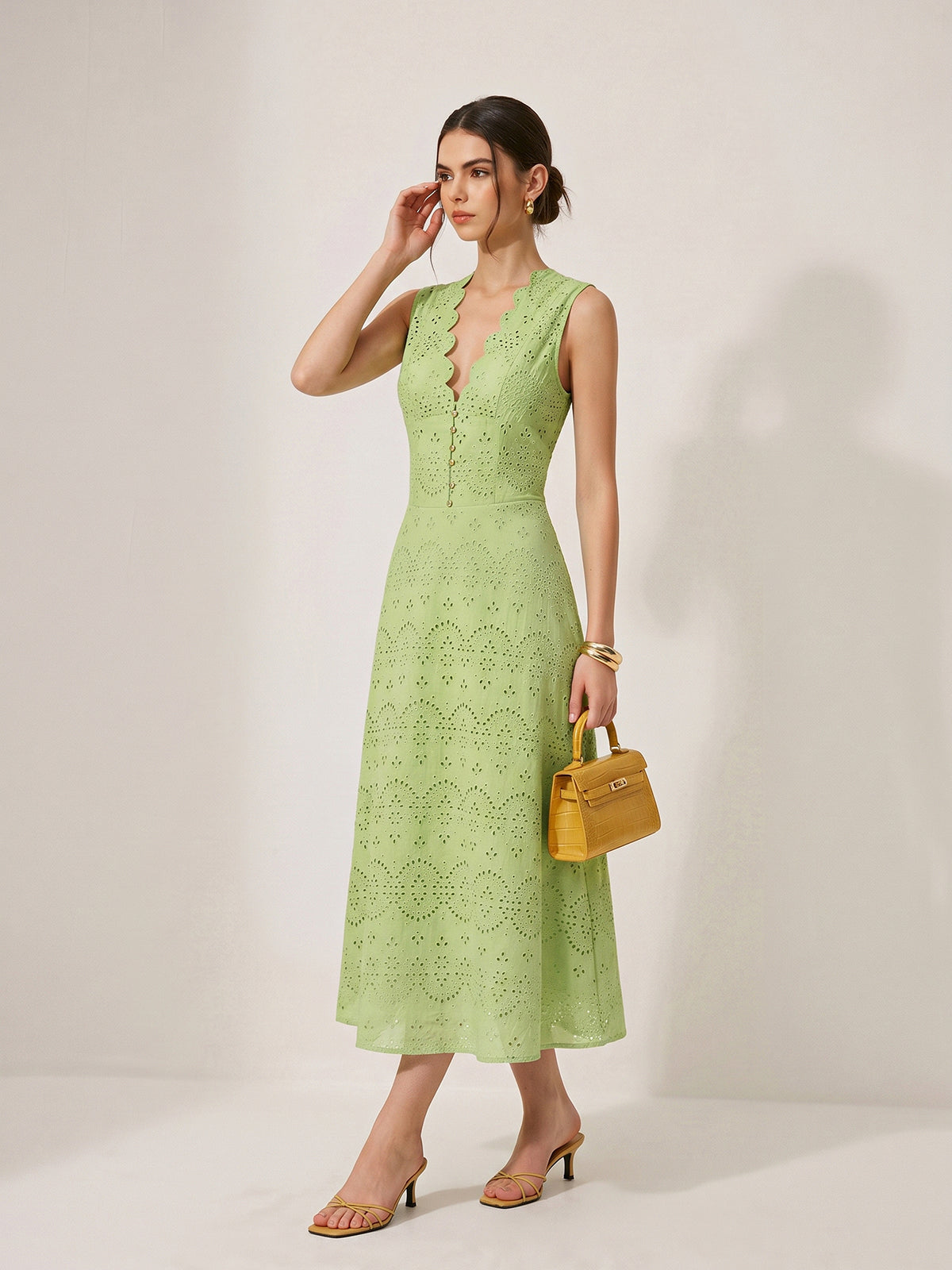 Cotton Sleeveless Embroidered Eyelet Dress with Deep V Neck