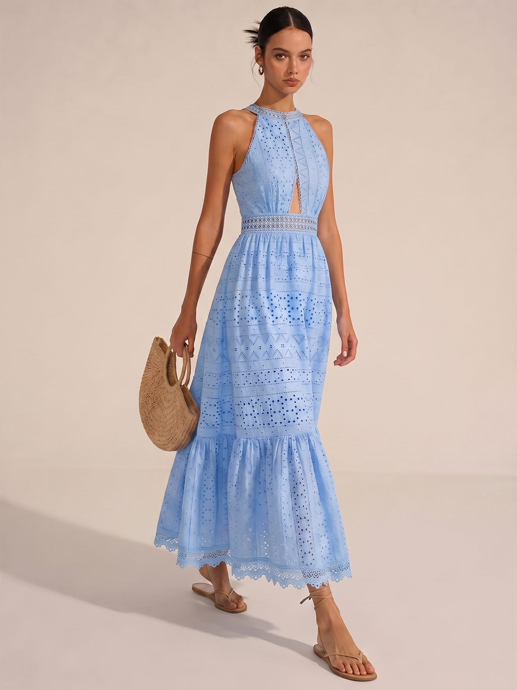 Halter Eyelet Cutout Midi Dress