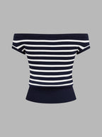 Striped Off Shoulder Metal Detail Knit Top