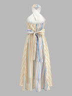 Colorful Stripe Halter Tie-Back Maxi Dress