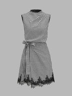 Gingham Tie-Waist Lace Trim Mini Dress