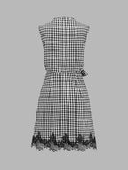Gingham Tie-Waist Lace Trim Mini Dress