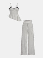 Lace Trim Striped Peplum Top & Pants Set