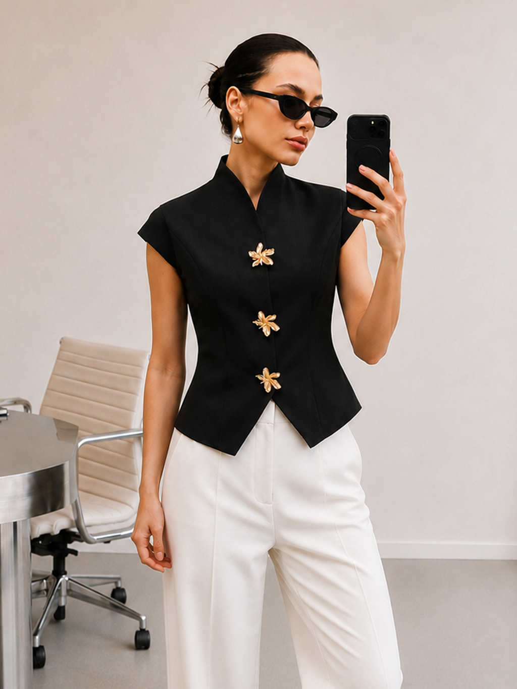 Flower Buttons Cap Sleeve Blouse