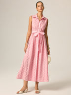 Eyelet Embroidery Belted Shirt Maxi Dress